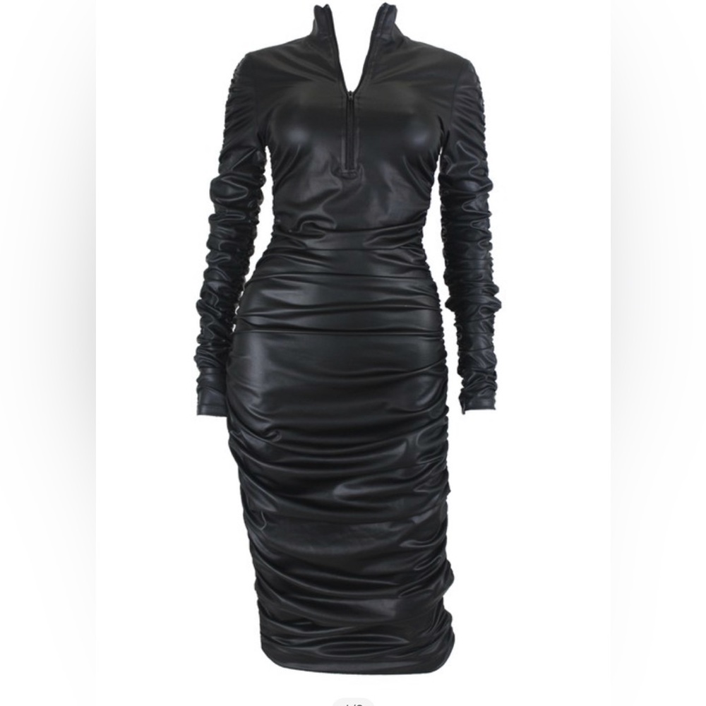 Vegan Leather Ruched Dress